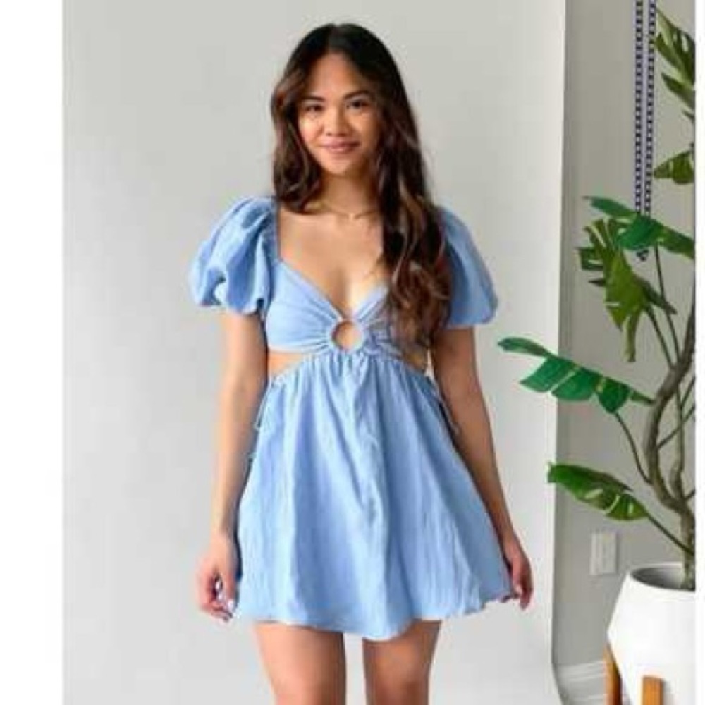 Sky to Moon Blue Puff Sleeve Cutout Ring Mini Dress Open Back Tie Party, L